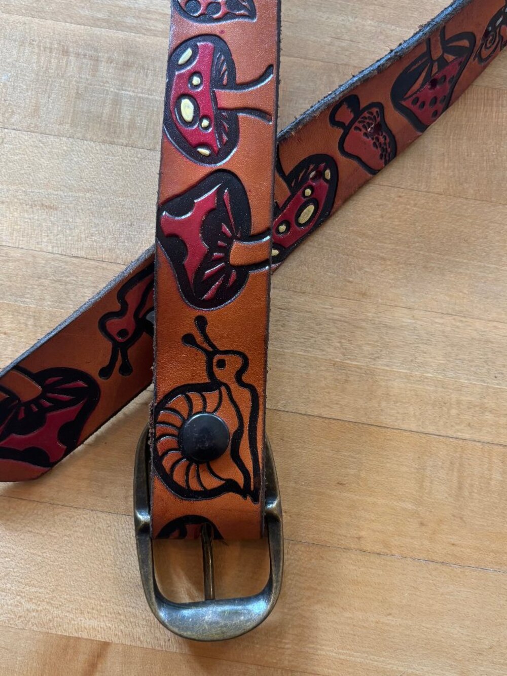 Mushroom Nature Emboss Genuine Cowhide Leather Belt Cottagecore 36 USA Snail